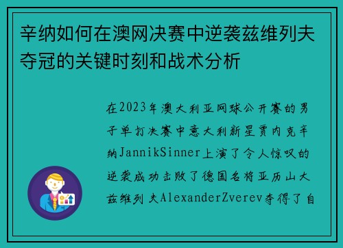 辛纳如何在澳网决赛中逆袭兹维列夫夺冠的关键时刻和战术分析