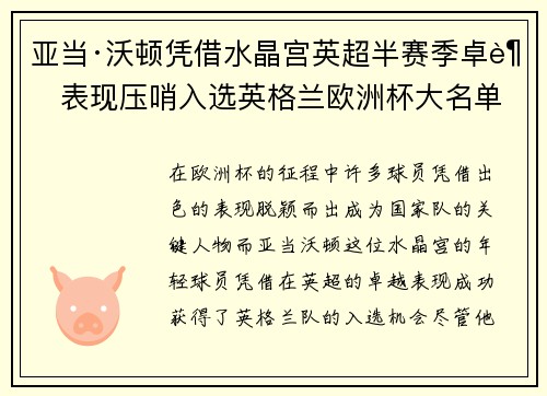 亚当·沃顿凭借水晶宫英超半赛季卓越表现压哨入选英格兰欧洲杯大名单